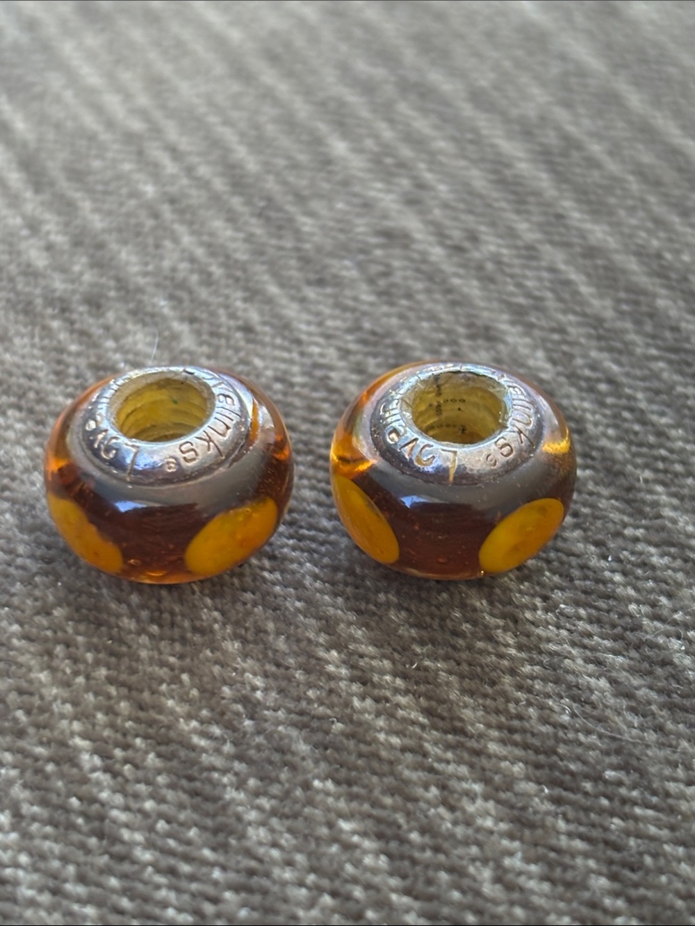 925 Sterling Silver Amber Art Glass Beads/Pair Yellow Brown Jens Aargaard Murano